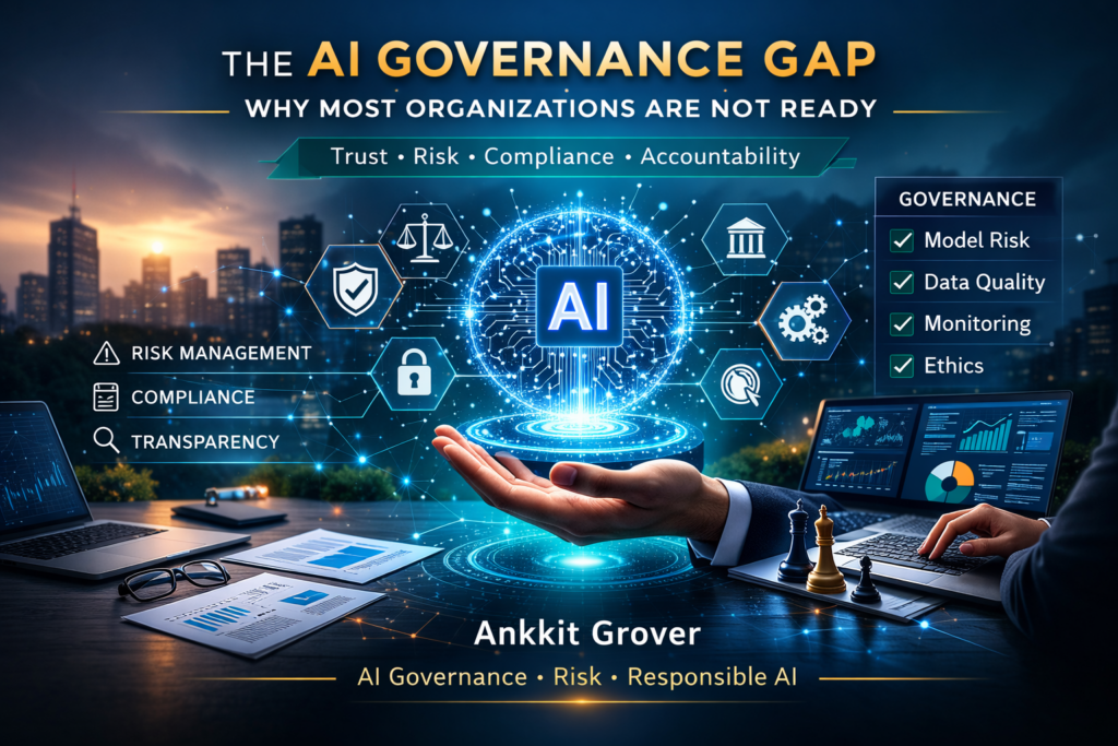 Title graphic reading “The AI Governance Gap: Why Most Organizations Are Not Ready” with “Trust, Risk, Compliance, Accountability”. A hand holds a glowing AI sphere surrounded by governance icons, next to a checklist of model risk, data quality, monitoring and ethics.