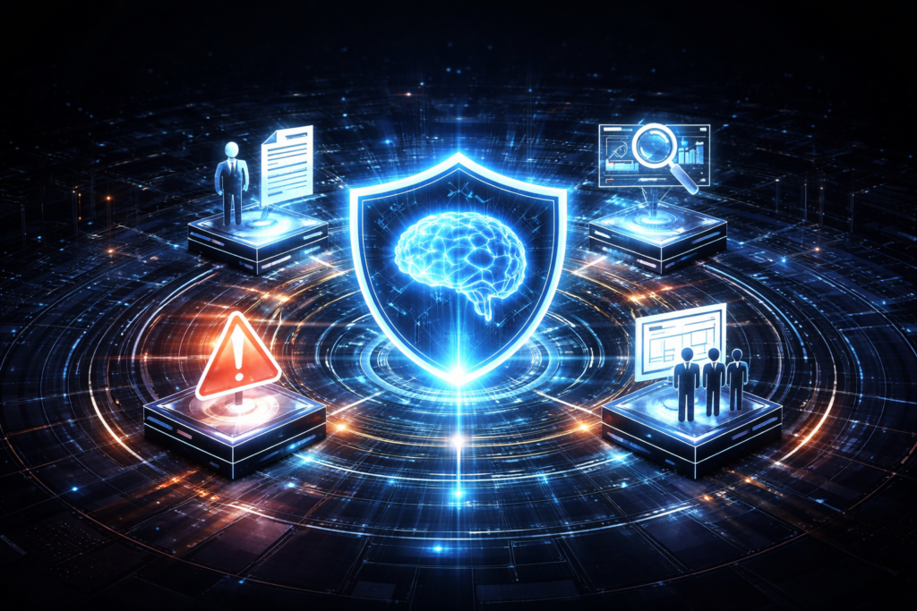 Illustration of a glowing shield with a brain at its center, surrounded by four platforms showing a person with a document, a warning sign, a magnifying glass over a chart, and a small group of people at a dashboard.