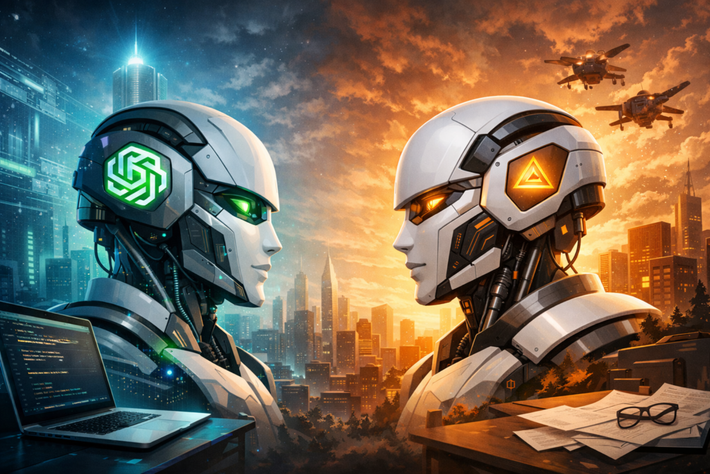 Illustration of two humanoid robots facing each other: one with a green OpenAI-style logo against a blue tech city, the other with an orange triangle emblem against a sunset skyline with drones overhead.