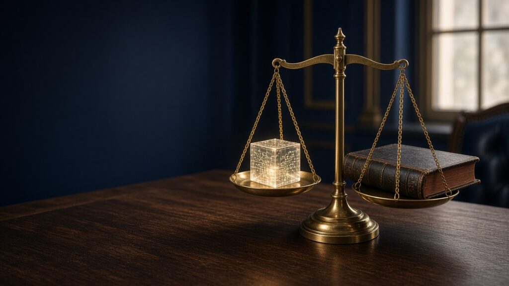 Brass balance scale weighing a glowing AI cube against a leather ledger