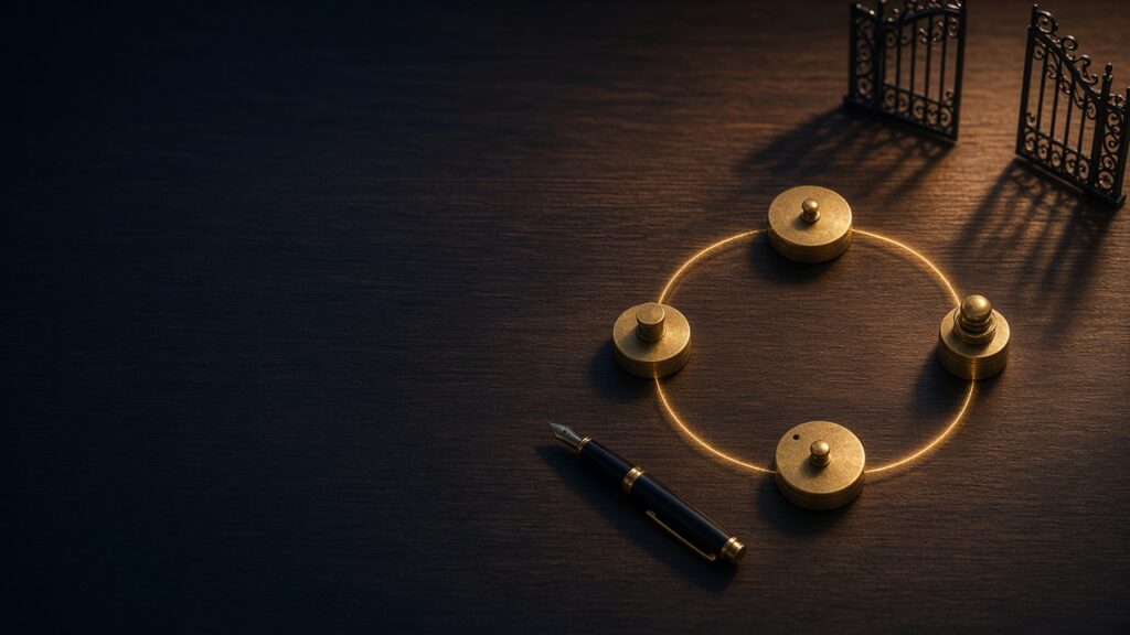 Brass pieces in a glowing loop beside an open gate